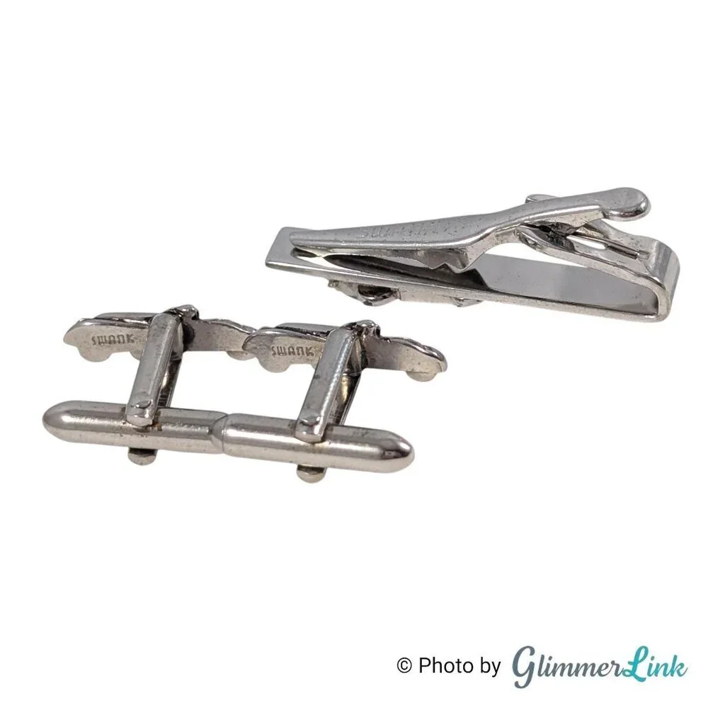 Swank Vintage Silver Tone Car Cufflinks and Tie Bar Set Automobile Design, 1960s
